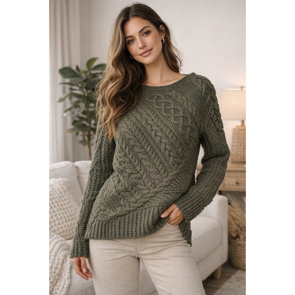 Baja East Olive Green Wool Cashmere Cable Knit Sweater‎ Size 0 Made in USA